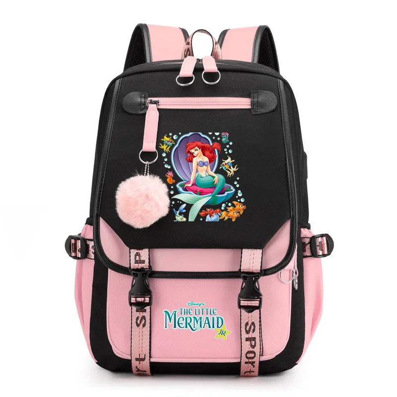 MINISO The Little Mermaid Women Men Rucksack Travel Bag Mochila Backpacks Teenager USB Charging Laptop Backpack