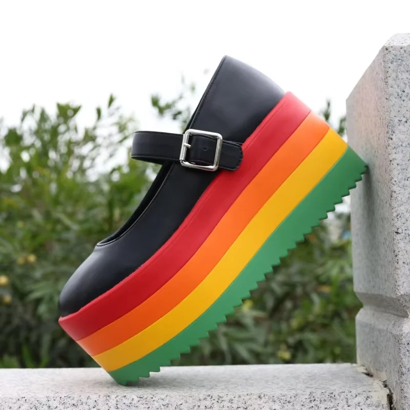 الحلو مختلط اللون قوس قزح النساء مضخات موضة صندل بكعب مكتنز منصة حزام مشبك حذا فردي للسيدات كل مباراة عادية ماري جينس أنثى #6