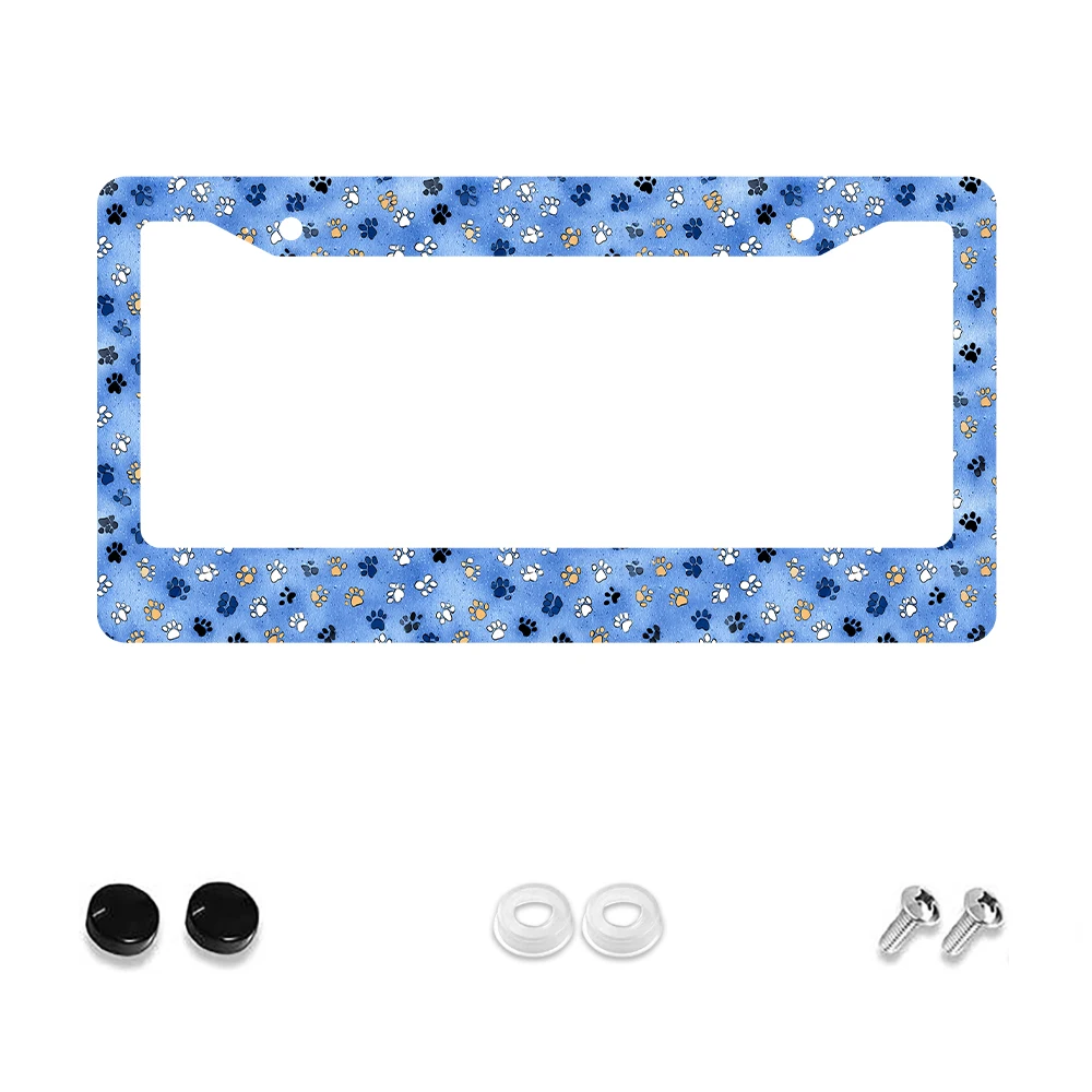 

1 шт., синий красочный узор с принтом лап, 2 отверстия, рамка номерного знака, алюминиевый материал, 6x12 дюймов, комплект винтов, забавный мультяшный автомобиль De