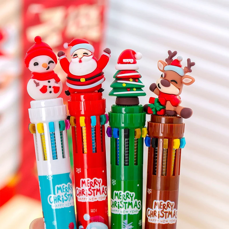 Stylo à bille multicolore de Noël Kawaii, dessin animé, père Noël, bonhomme de neige, 10 stylos à presser pour documents, étudiant, cadeaux d'acquisition, mignon