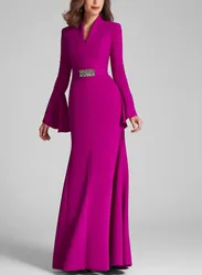 Elegant Evening Dresses For Women Luxury  Purple Winter Prom Dress Dubai Long Sleeveles V Neck  Party Dresses Women 2024