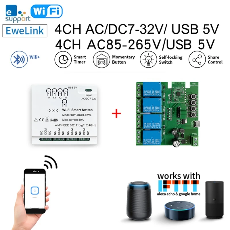 

4CH Ewelink Wi-Fi Smart Switch 85-265 В USB 5 В 2,4G Wi-Fi Smartlife Модуль домашней автоматизации для IFTT Alexa Google Home Простая установка