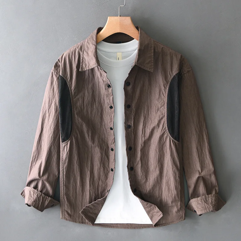 

Мужская повседневная рубашка с длинным рукавом, весна 2025, свободный крой, из смесового волокна, машинная стирка, японский воротник, дизайн с цветовыми блоками