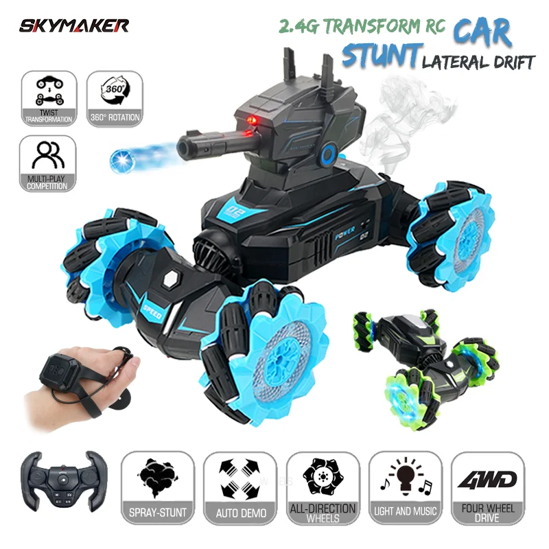 RC Twist Stunt Car JJRC Q106 4WD 2.4G Off-Road with Gravity Watch Light 360° Rotate RC Water Bomb Car Shoots Toys Gift for Boys