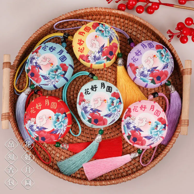 Mid Autumn Festival Chinese Sachet Rabbit Flower Print Tassel Hanging Empty Or Finished Pouch For Neck Wear Wardrobe Decor Gift