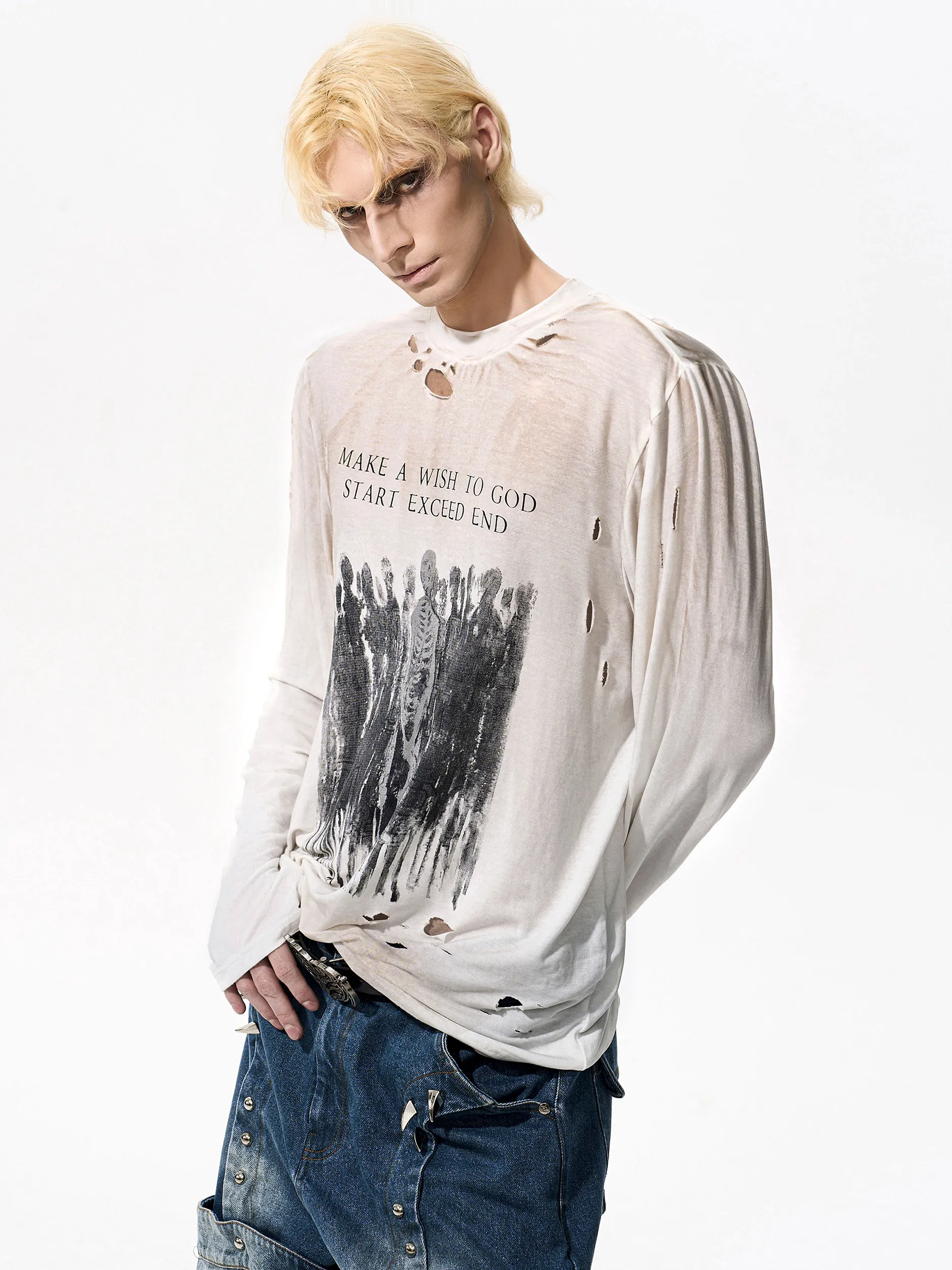 Start Exceed End Men's Long Sleeve T-Shirt Skull Print Washed Vintage American Style Tear Design Breathable Comfortable round...