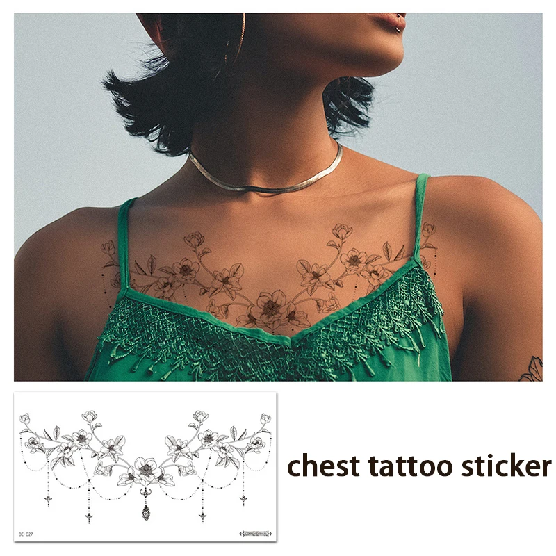 Black Element Sexy Blooming Flowers Chest Tattoo Sticker, Back and Abdomen Realistic Temporary Waterproof Sticker