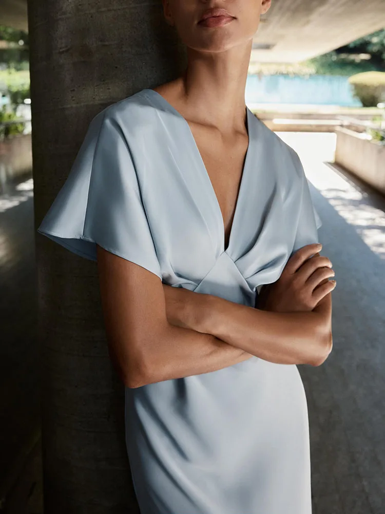 แฟชั่นผ้าไหมซาติน V-ne Midi Dr ผู้หญิงฤดูร้อนใหม่ Dr Ele Quali ort Sve Long Dr Midi Length