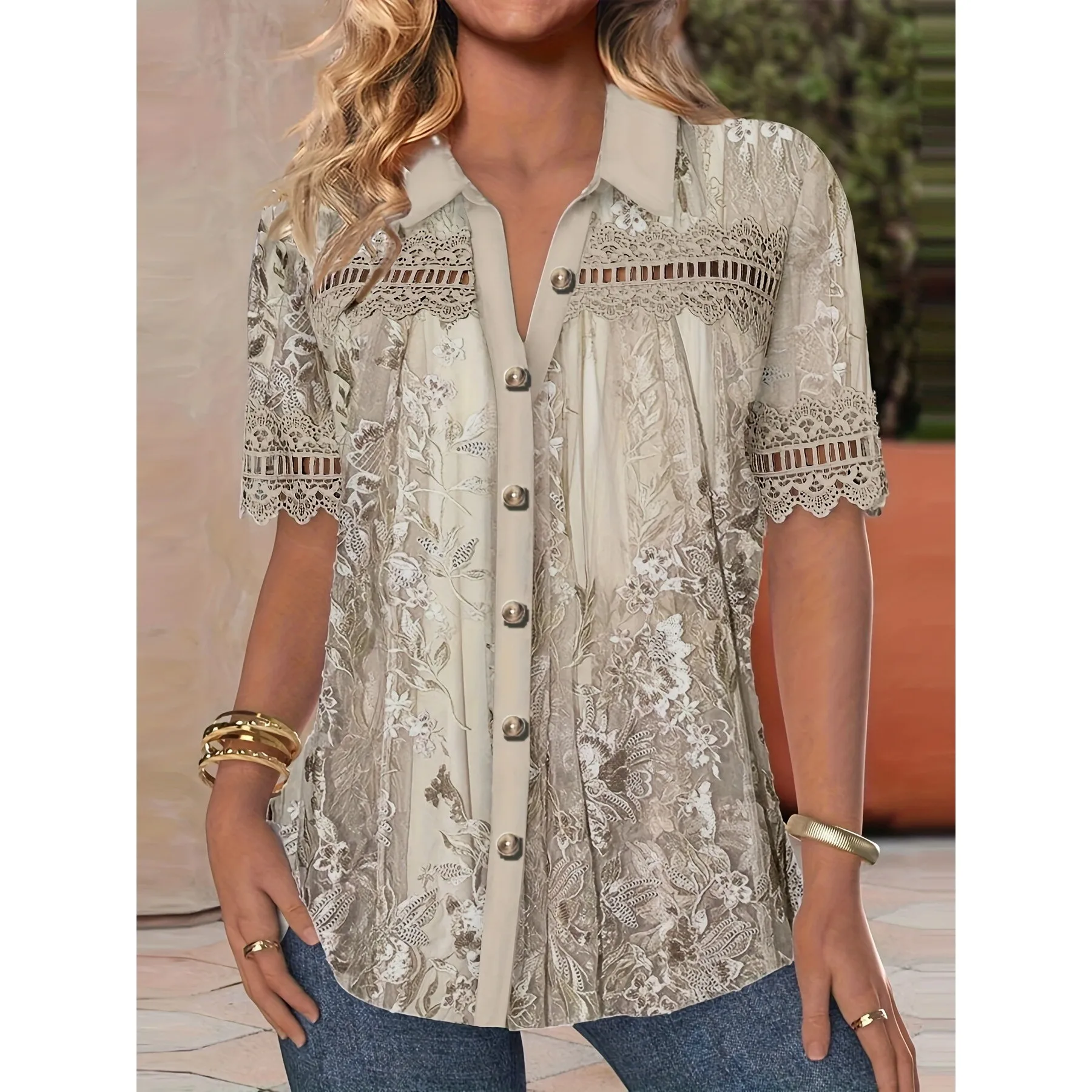 

Summer Lace Print Hollow out Blouse Women's Princess Sleeve Shirt Fashionable Breathable Casual Style for Cross-Border Trade