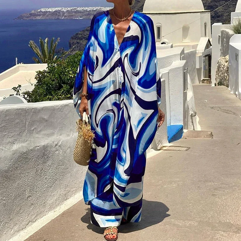 

Lady Casual Loose Robe +Trouser of Womens Print Batwing Sleeve V-Neck Long Top + Wide Leg Pant 2 Piece Sets Womens Party Outfits