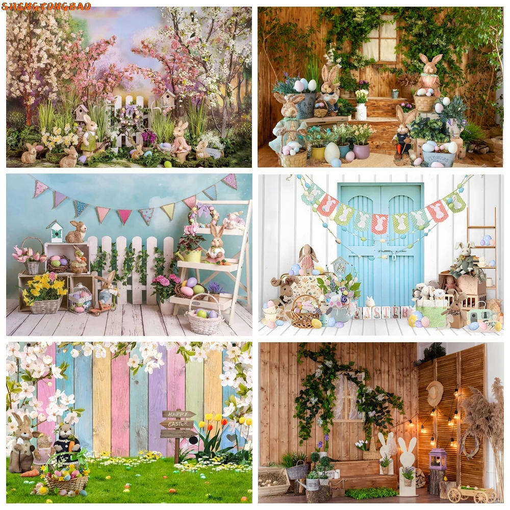 

Wood Floor Easter Backdrop Spring Rabbit Eggs Baby Family Shoot Celebration Photocall Kid Birthday Party Photo Background