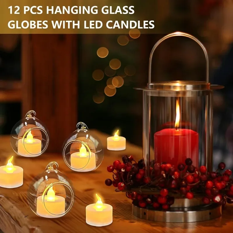 6/12Pcs Hanging Glass Globes Tea Light Candle Holders with Flameless LED Tealight for Wedding Ornaments Birthday Christmas Party