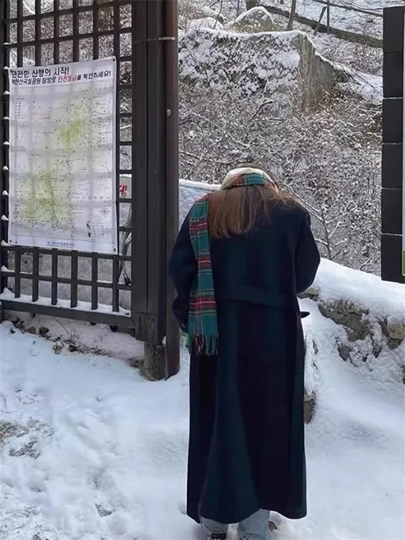 Double Sided Woolen Overcoat Women Long 2025 Winter Fashion High End Long Loose Lacing Belt Black Wool Coat