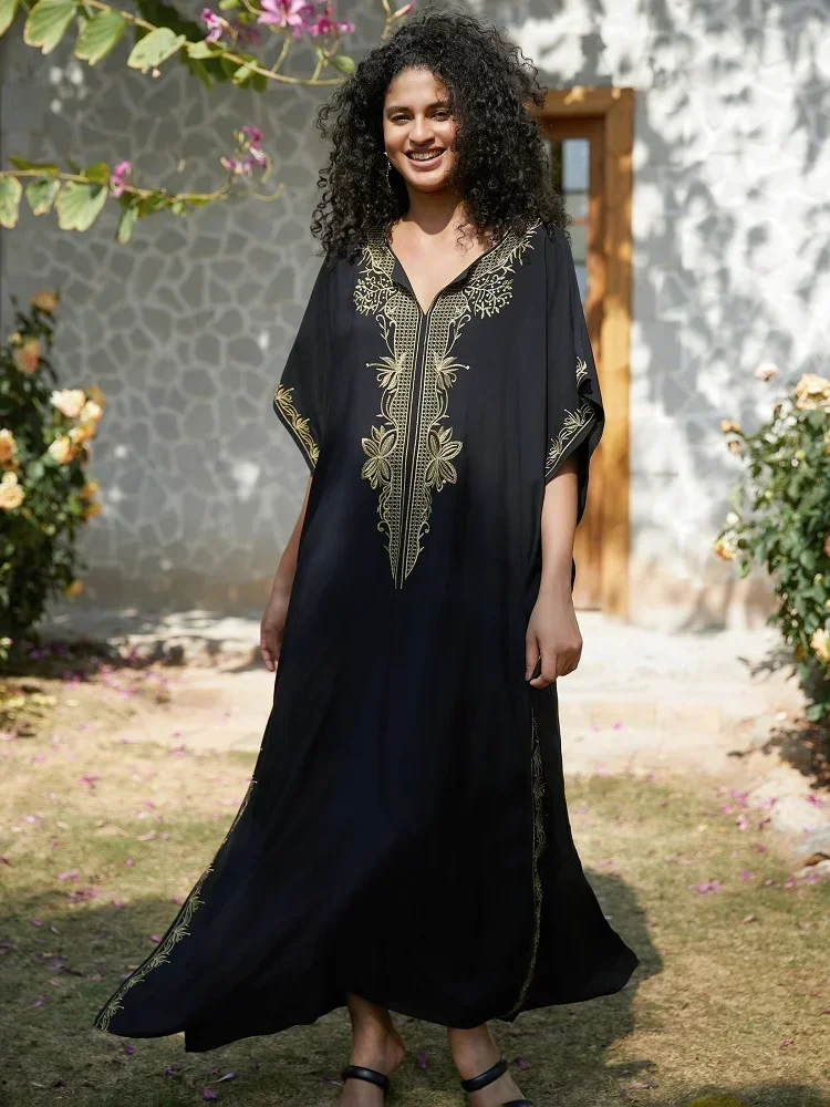 Black Women's Loose Kaftan Dress 2024 Summer Gold Embroidered Robe Swimsuit Cover-up Bohemian Home Wear Moo Moo Dresses Q1656