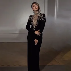 Black Appliques High Neck Evening Dress Long Sleeve Floor Length Velvet Prom Dresses Special Occasion Luxury Female Vestidos