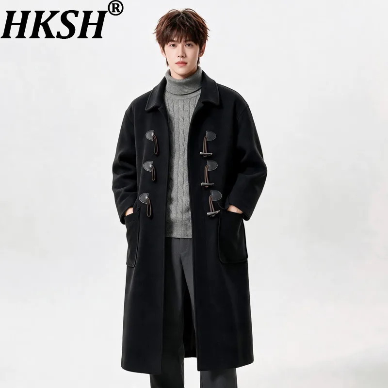 HKSH Spring Autumn Winter New Men Tide Chic Ins Dark Punk Wool Trench Retro Light Luxury Windbreaker Mid-Length 3D Coats HK28951