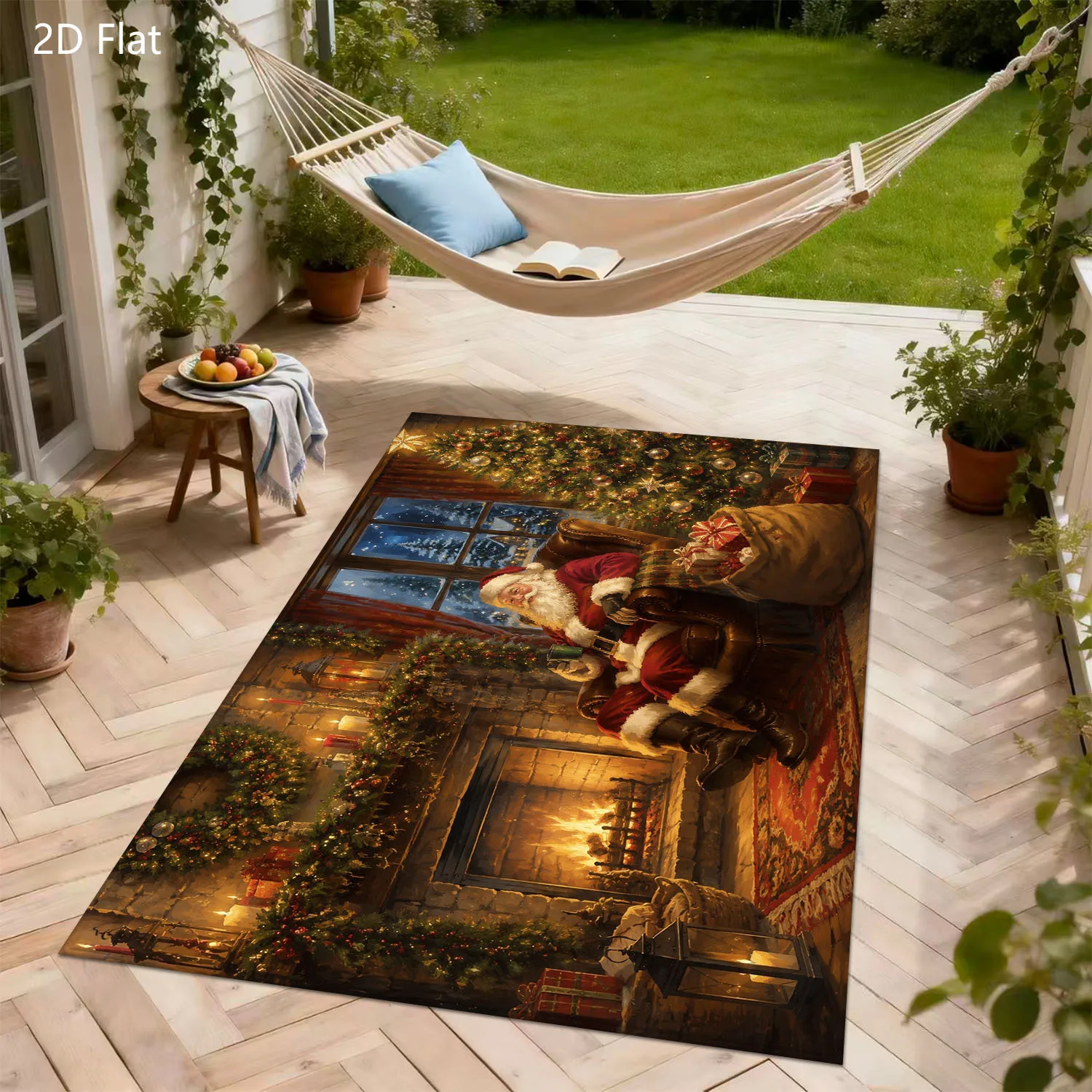1pc 2D Flat Vintage Santa By Fireplace Christmas Printed Floor Mat, Decorative Rug for Living Room, Bedroom, Home