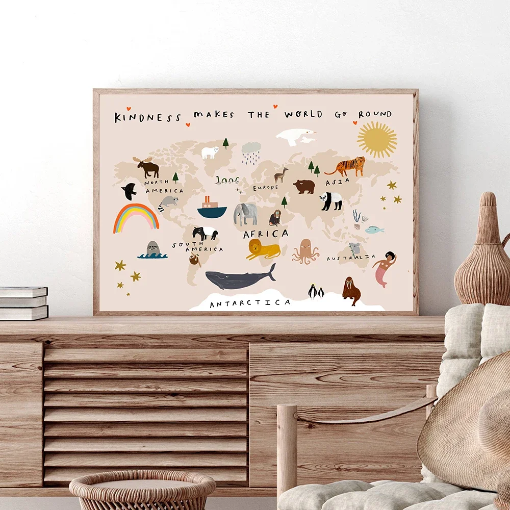 Cartoon Animals World Map Wall Poster for Kids Room Decoration Nursery Kindness Makes The World Go Round Quote Canvas Painting