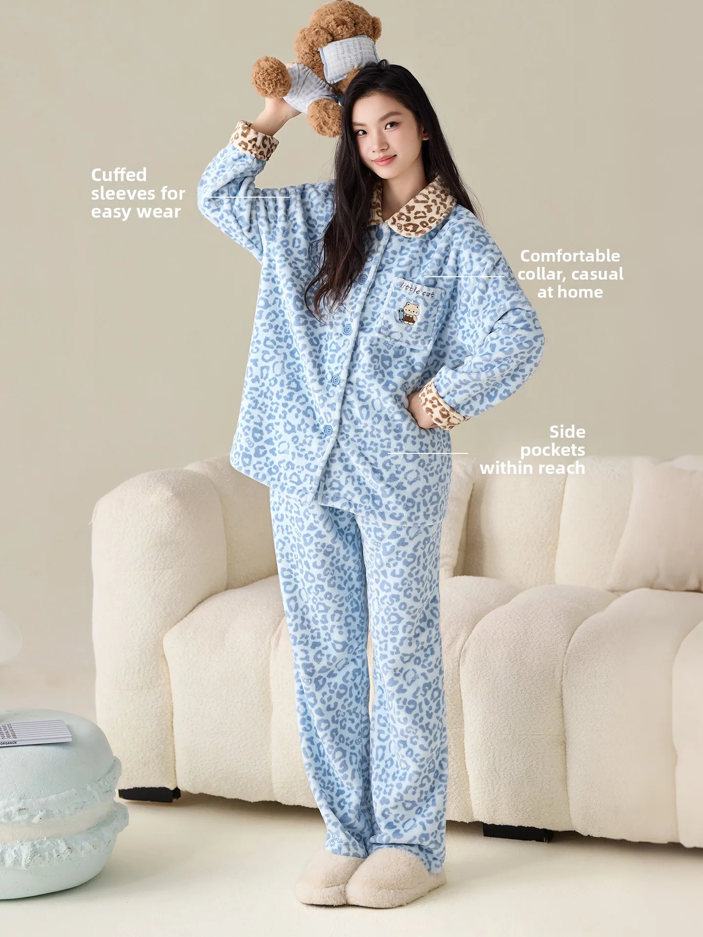 Coralline Fleece Lined Sleepwear Women's Winter Thickened 2026 New Flannel Leopard Print Home Clothes Set Casual Style Long S...