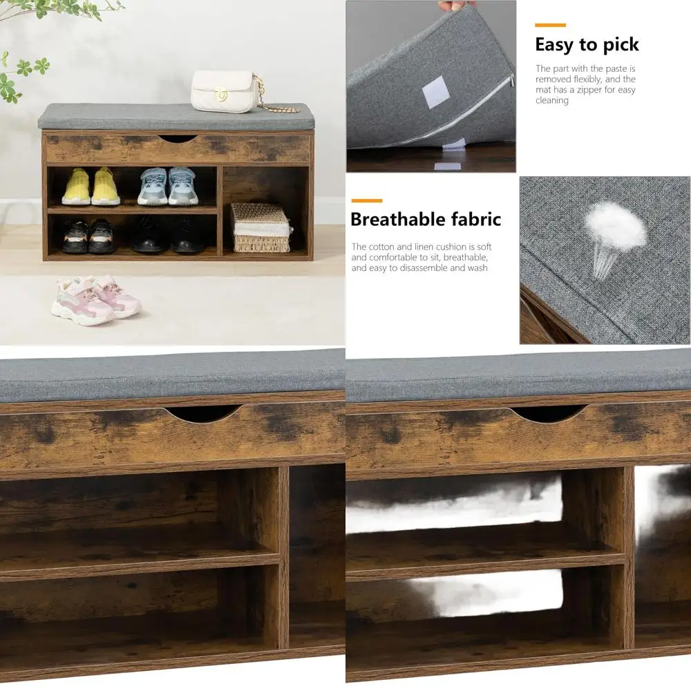 ブラウン＆グレーのパッド入り玄関靴収納ベンチ（ラック付き）