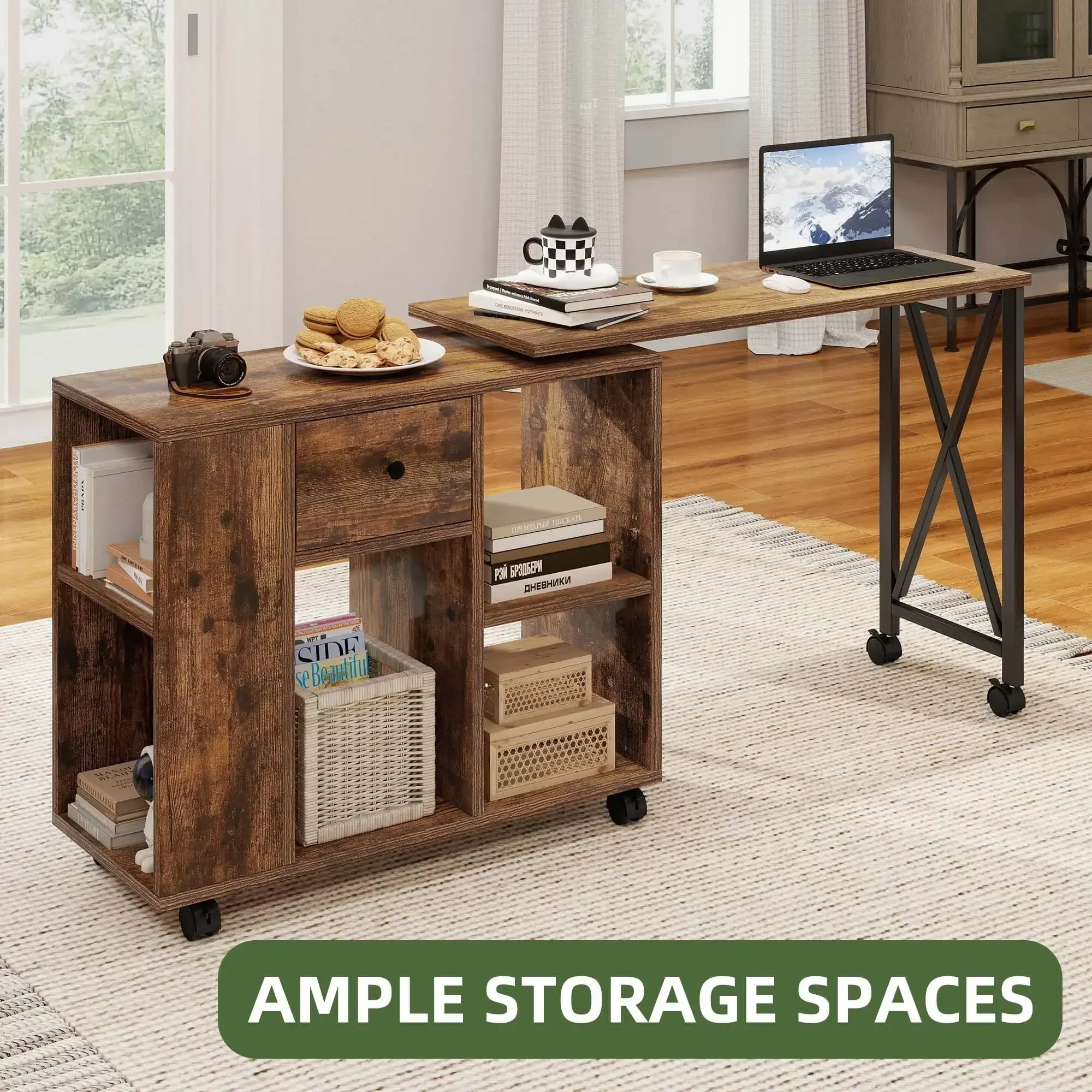 Rotating Writing Office Desk with Storage, Computer Desk with Wheels, Brown