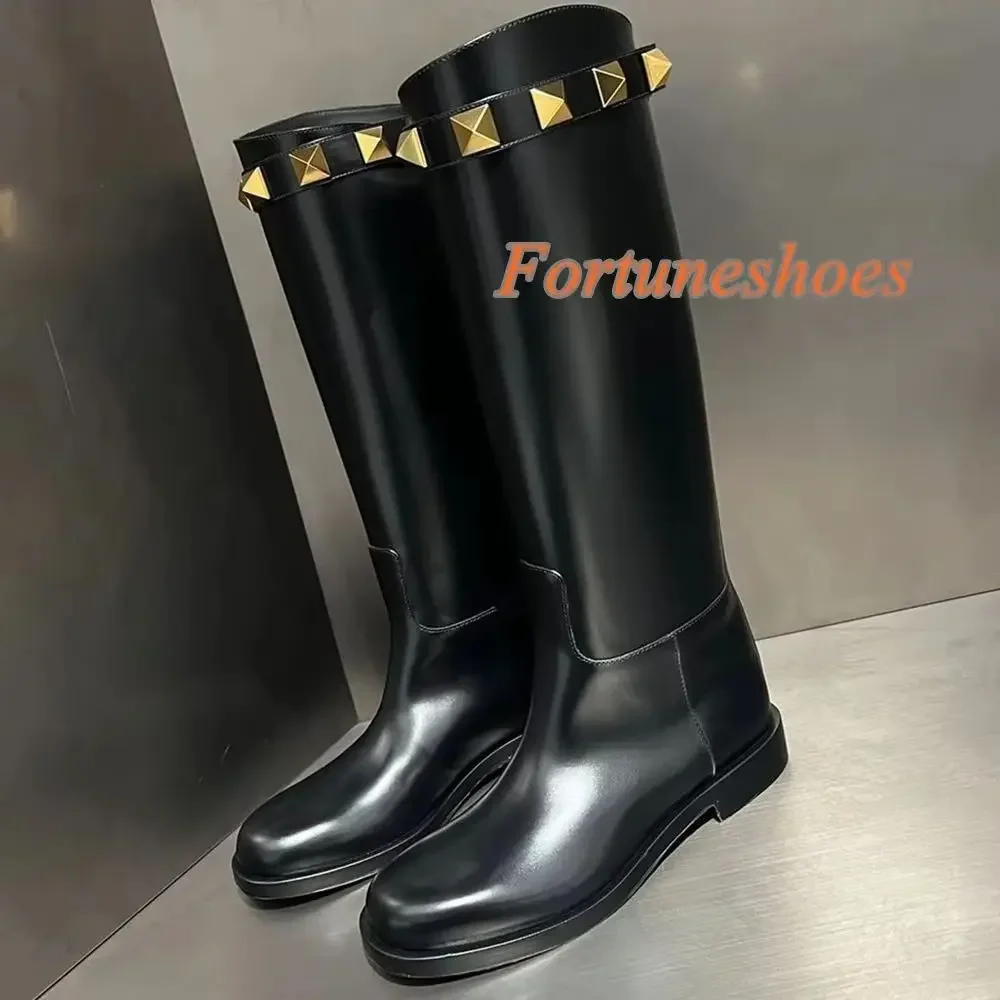 

Metal Decoration Side Zipper Boots Round Toe Solid Black Knee High Chunky Low Heel Boots Fashion Casual 2025 Newest Autest Boots