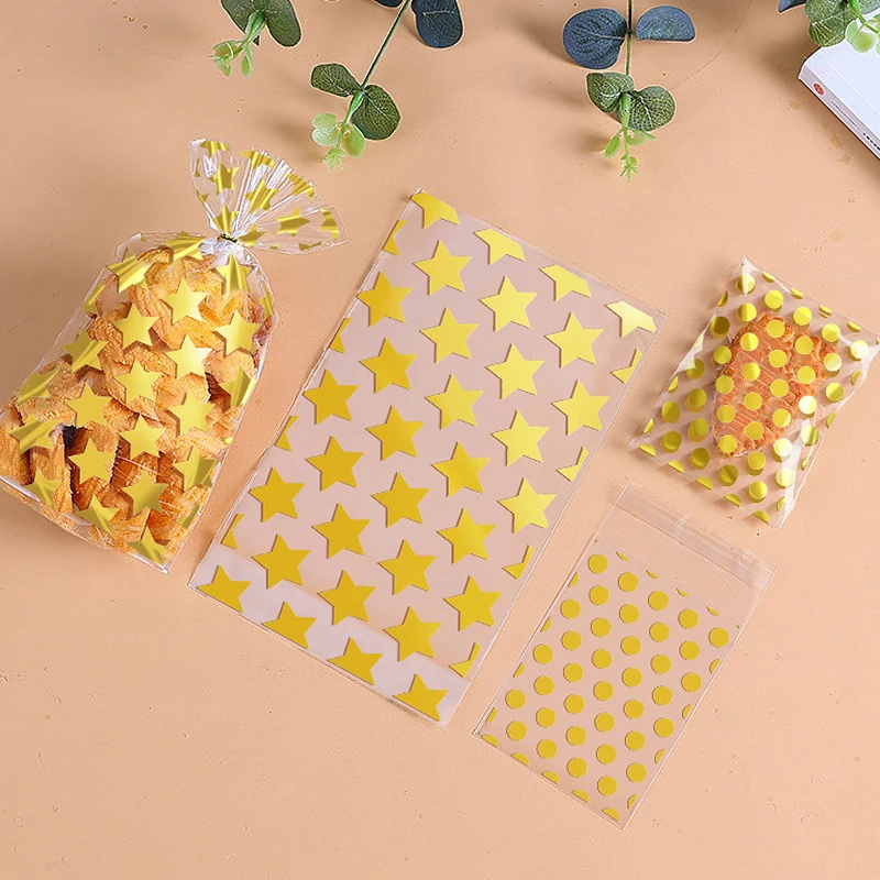 50pcs Transparent Self-adhesive OPP Bags White/Gold Color Star Dot Pattern Bag for DIY Jewelry Packaging Candy Cookie Gift Pouch