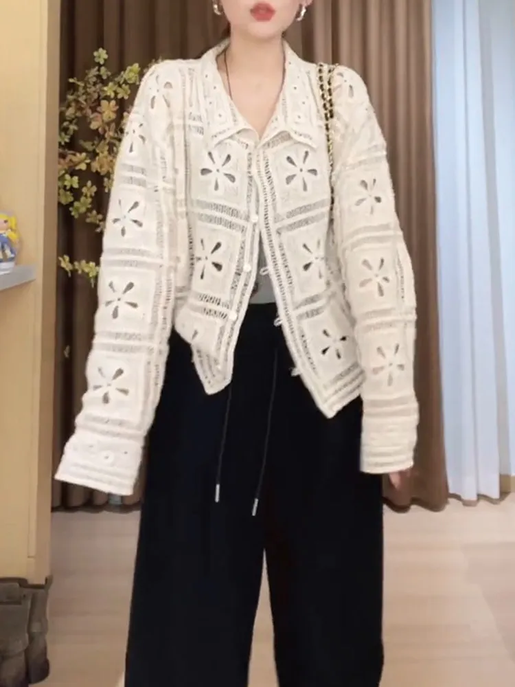 Minimalist Knitted Hollow out Hook Flower Ladies Open Cardigan Spring Autumn plus Size Loose Slimming Top Casual Style