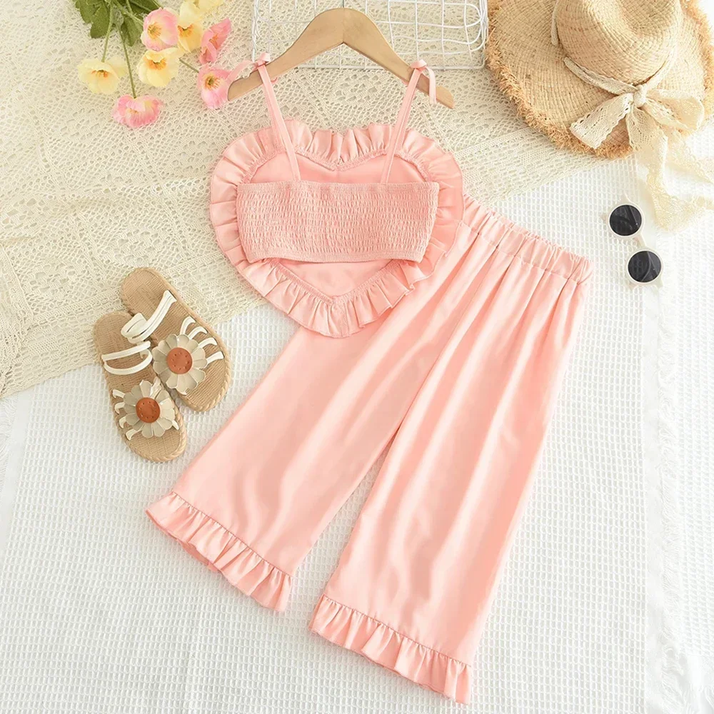 3-7 Year Old Children's Clothing Series Pink Three-dimensional Heart Top and Lotus Leaf Side Length Pants Two-piece Boutique Set