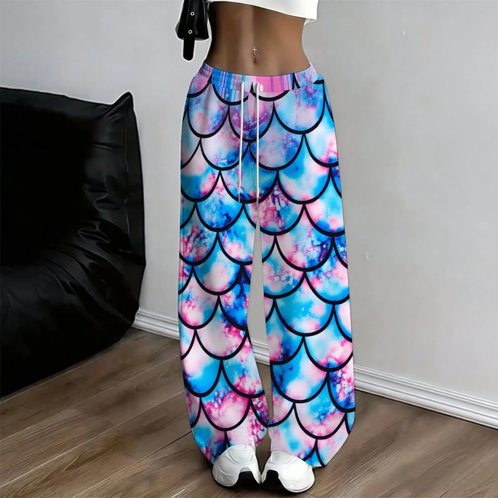 Women Multicolor Spiral Print Wide Leg Pants Elastic Waist Drawstring Loose Fit Summer Casual Beach Resort Long Trousers Stree