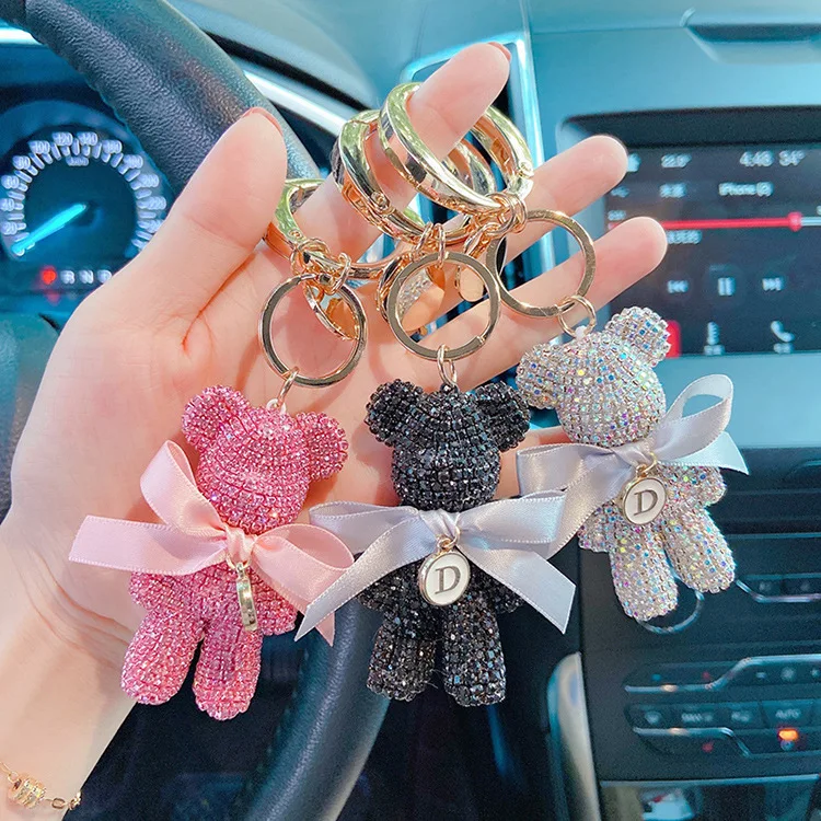 Full Rhinestones Bear Customizable Letters Luxury Jewelry Car Key Chain Big Button Key Chains Bag Pendant Party Gifts for Women