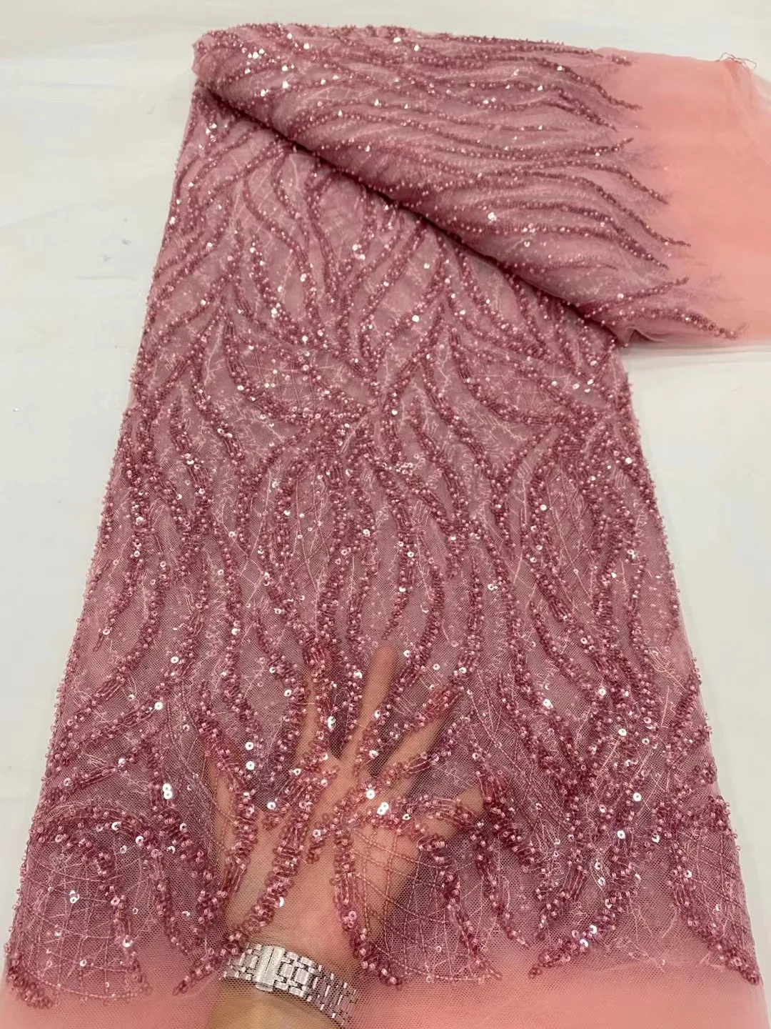 ナイジェリア産高級ラグジュアリーシークイン刺繍レース生地、フランス製ハンドメイドチュールビーズレース生地、女性用ウェディングドレス用