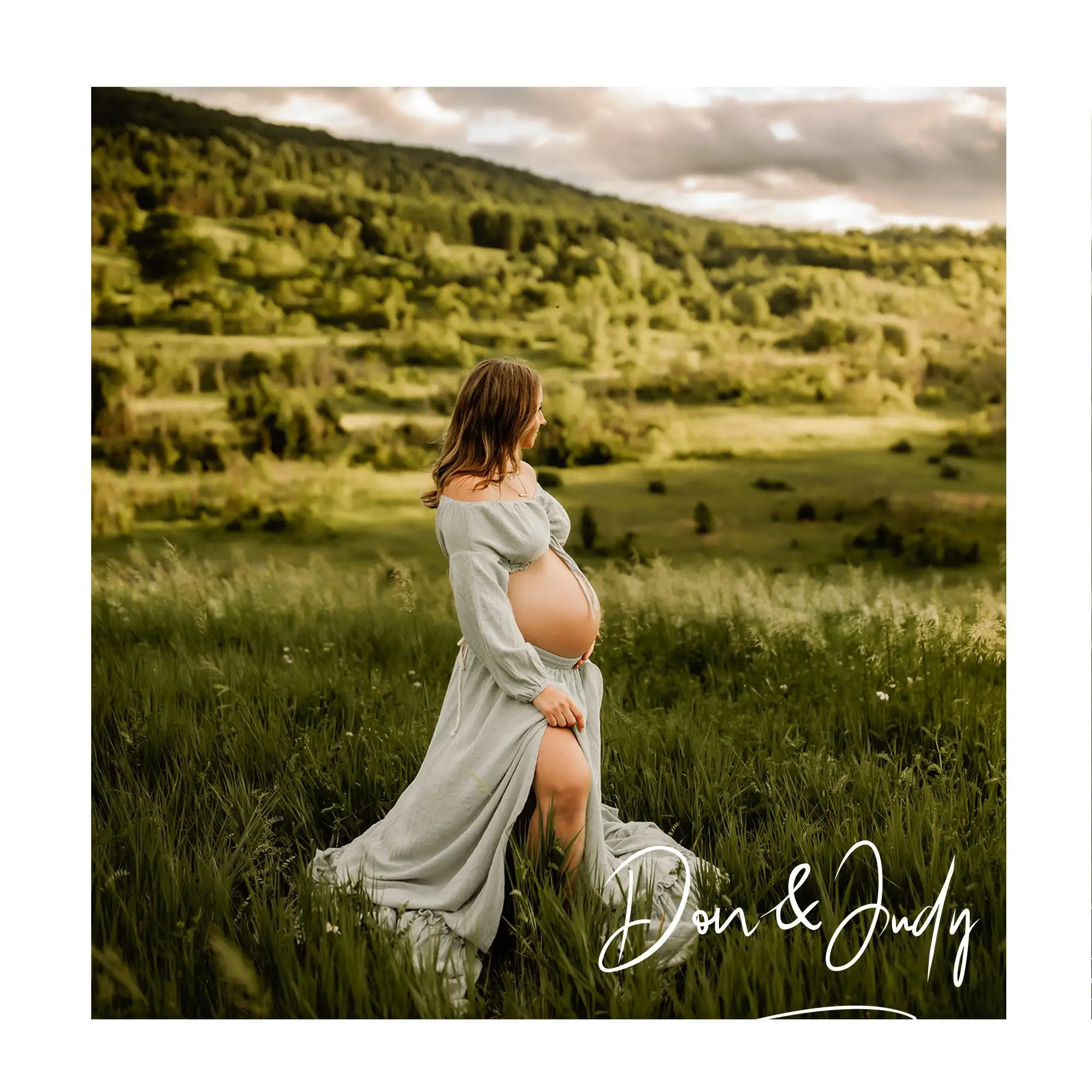 Don&Judy Off Shoulder Dress Pregnant Woman Clothing Two Pieces Dresses Front Slit Sexy Gown For Baby Shower Maternity Dress