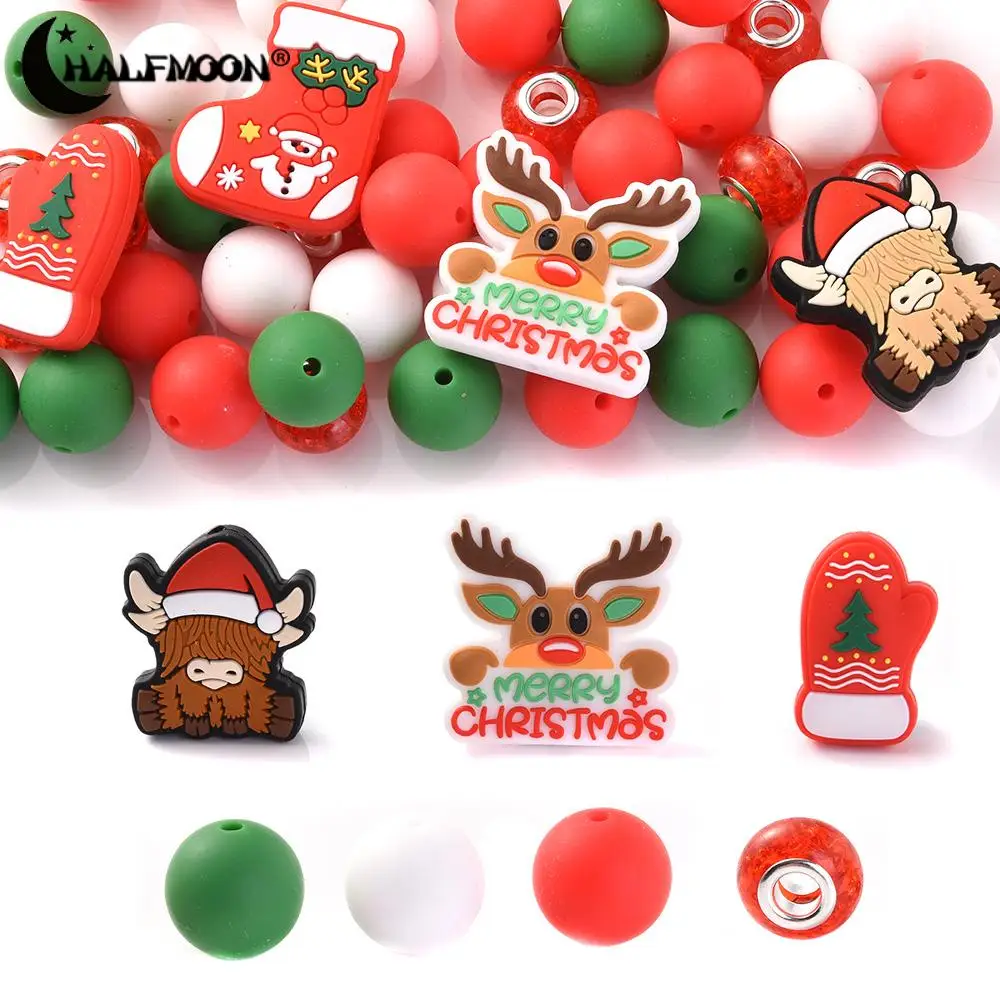 Fashion Christmas tree Silicone Beads Round 15mm Loose Beads Set Keychain Bracelet DIY Handmade Accessories For Jewelry Making