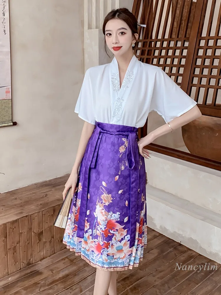 New Chinese Style Women\'s Clothing Improved Horse-Face Skirt Petite Set 2024 Summer New Embroidery V Neck Blouse Print Skirt