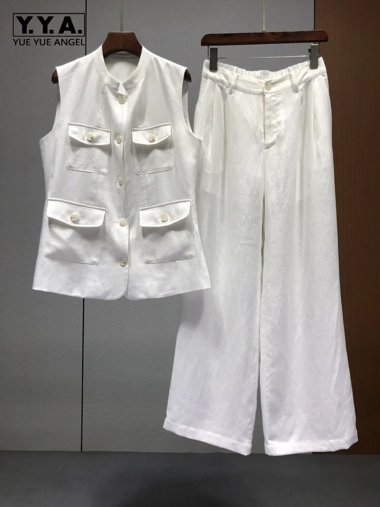 

Summer Womens Multi Pocket Linen Vest Sets Loose Stand Collar Single Breasted Vests Outfits Wide Leg Long Pants Two-Piece Set