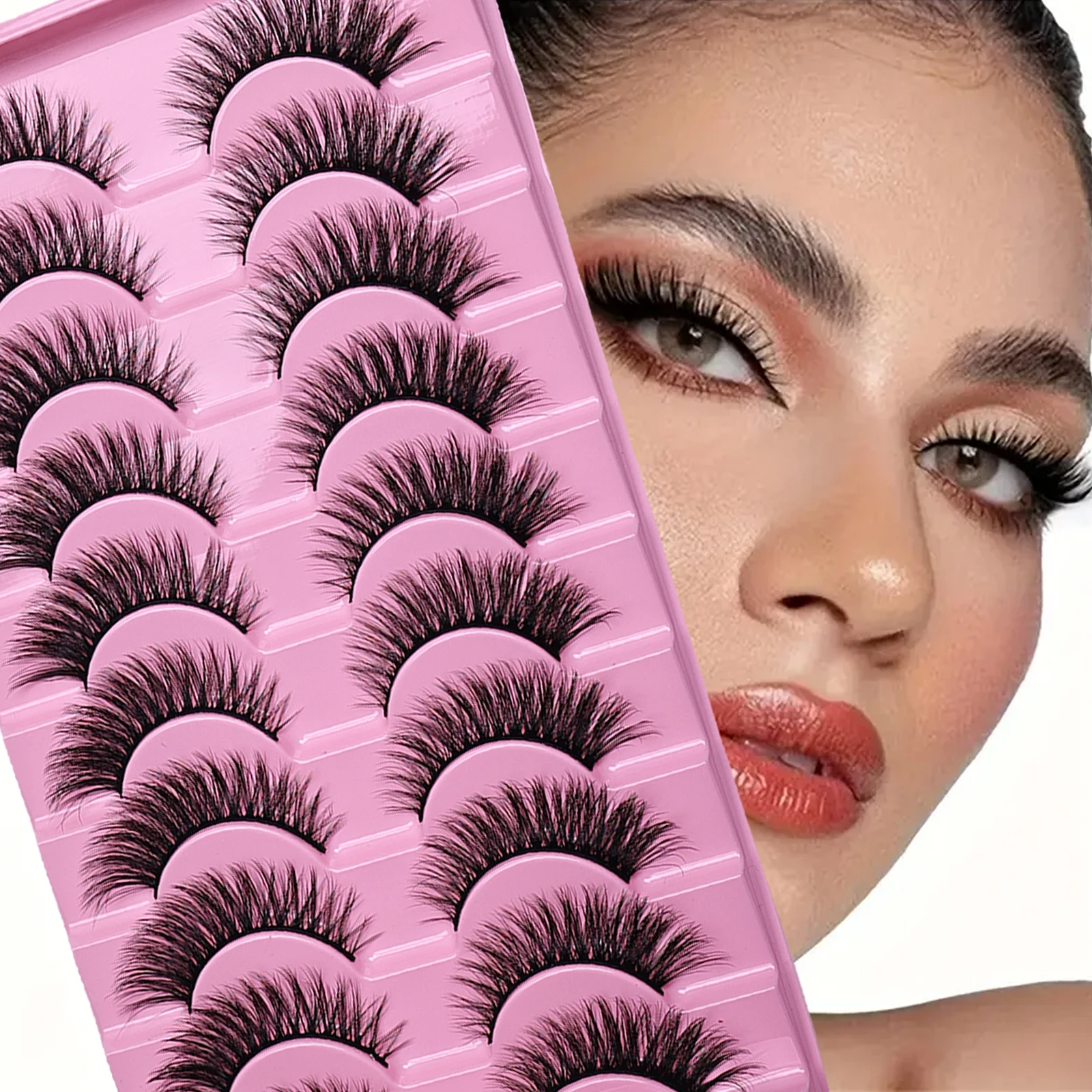 10 أزواج من عيون القط والرموش الصناعية الطبيعية، رقيق، على شكل حرف D، قابل لإعادة الاستخدام، مناسب للمبتدئين