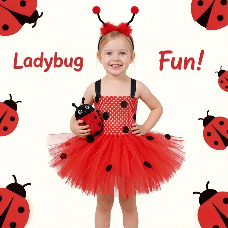 

Ladybird Animal Cosplay Tulle Tutu Dress Set with Headband, Halloween Carnival Outfit, Birthday Stage Holiday Fancy Costume
