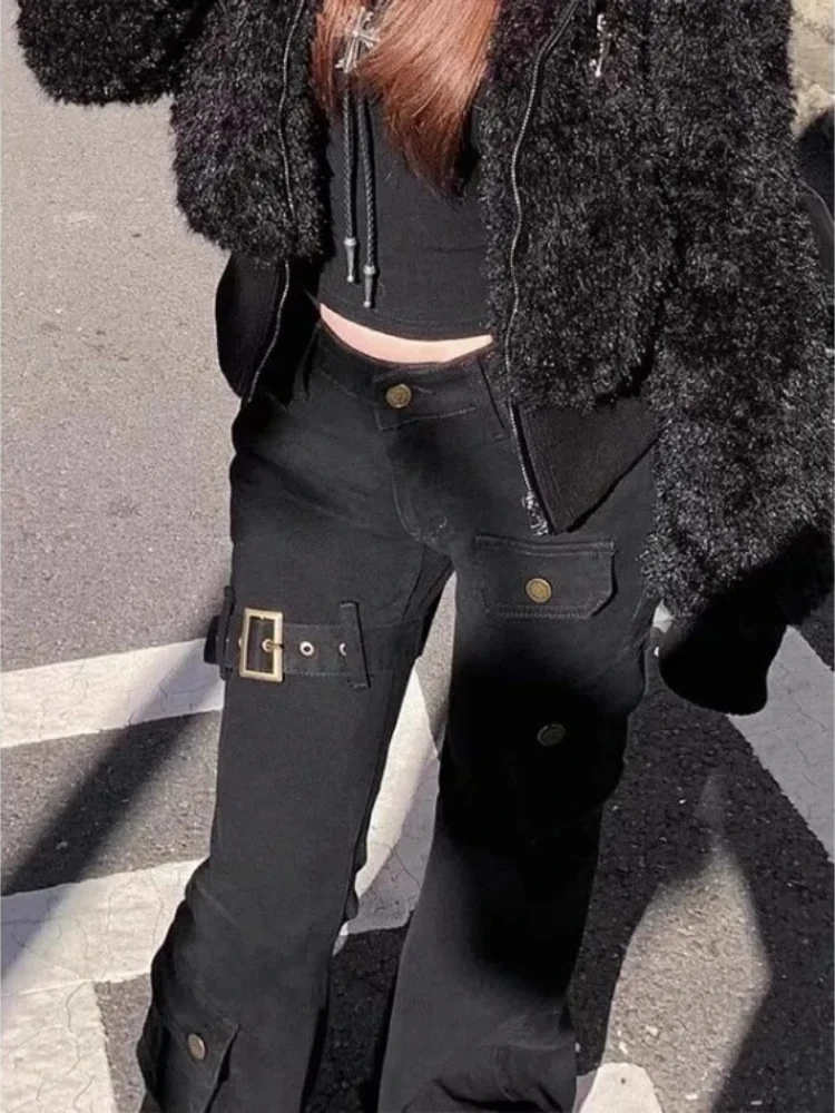 Preto sino inferior jeans para mulheres cintura alta vários bolsos calças retas 2025 primavera novo solto perna larga alargamento calças