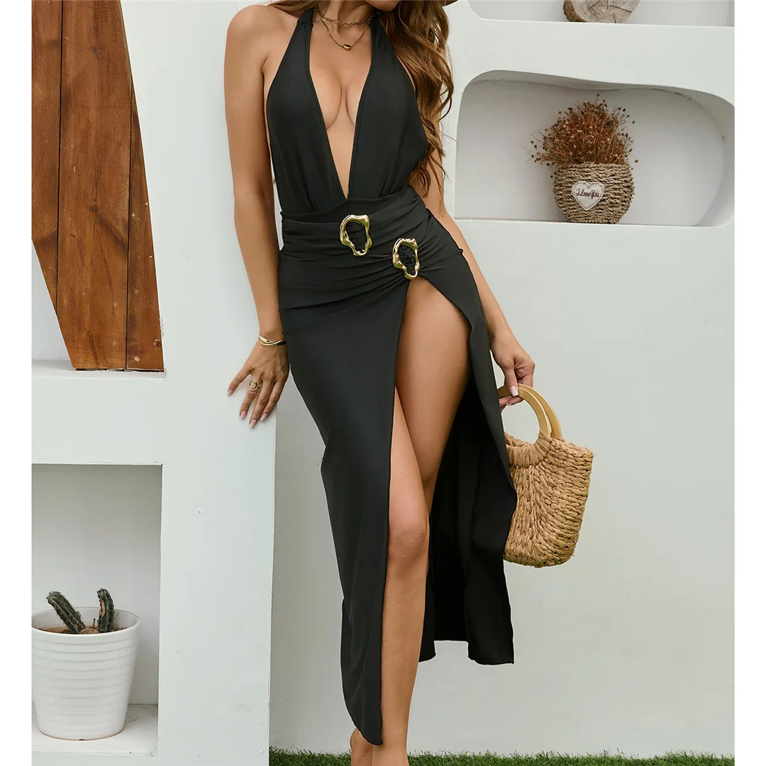 S - XL, mit Rock, tiefem V-Ausschnitt, Neckholder, einteiliger Badeanzug, Damen-Badebekleidung, Damen-Monokini, rückenfreier Badeanzug, Badeanzug, Modell V6556. – Detail 3