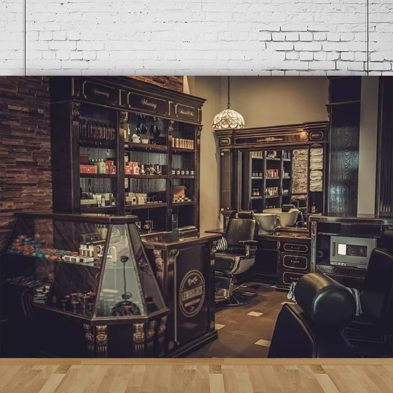 Retro Barber Shop Photography Backdrop Hair Salon Hairstylist Hair Cutting Beard Shaving Barber Chair Portrait Shoot Background