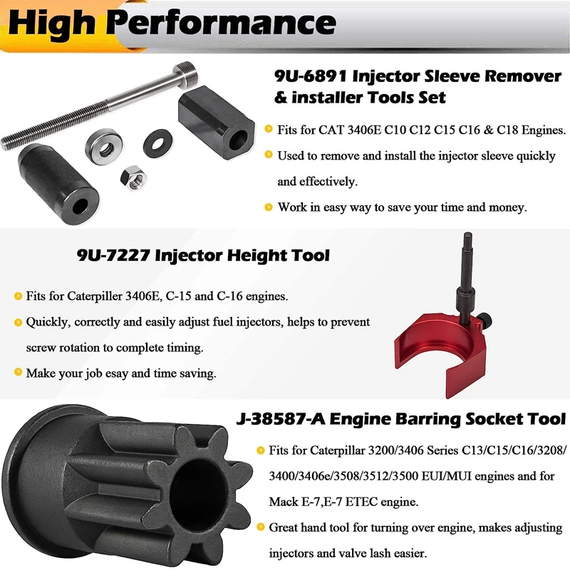 9U-7227 Injector Height + J-38587-A Engine Barring Socket Turning + 9U-6891 Injector Tube Sleeve Cup Removal & Installer Tools