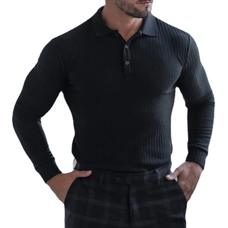 Autumn Knitted Long Sleeve Polo Shirt Men Spring Sports Polos Gym Clothing Fitness Workout Skinny T-shirt Bodybuilding Tee Shirt