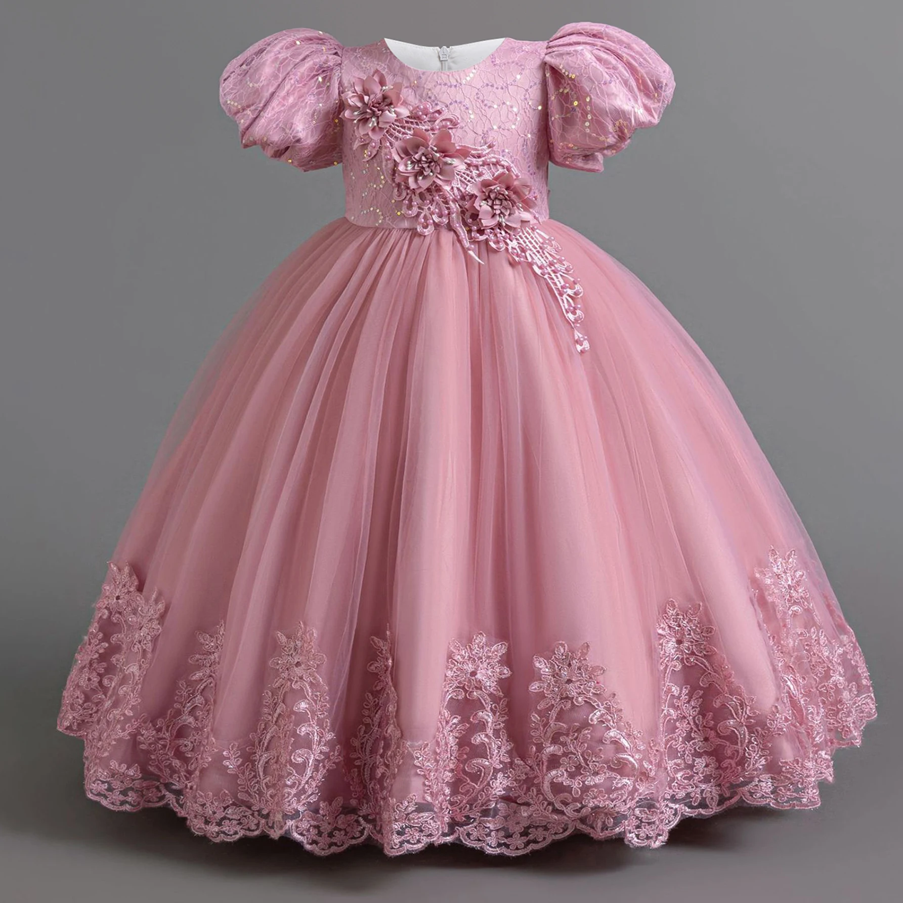 Elegant Bridesmaids Party Girls Dresses Puff Sleeve Tulle Wedding Costume Flower Birthday Princess Dress Girls Baptism Prom Gown