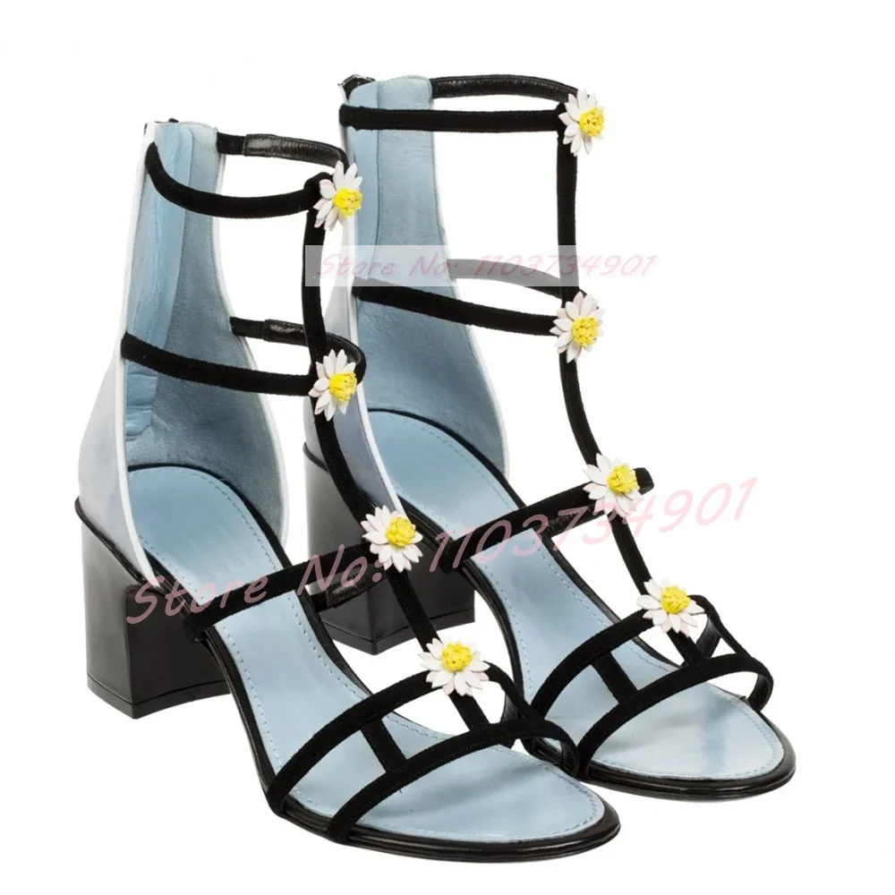 

Flower Stain Ankle Strap Cover Heel Sandals Women Sexy Party Round Toe Back Zip Shoes Lady Elegant Block High Heels Sandals