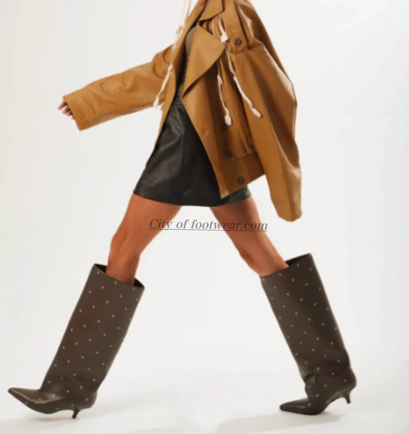 women's polka dot coffee leather knee high boots sexy low heels pointed toe pull on long boot 2026 new luxury designer shoes