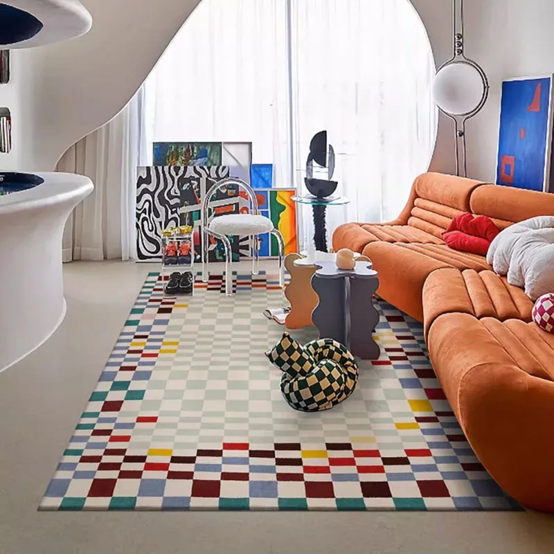 Living Room Floor Mat Colorful Checkerboard Carpet Bedroom Bedside Large Area Rug Imitation Cashmere Soft Comfortable Foot Mats