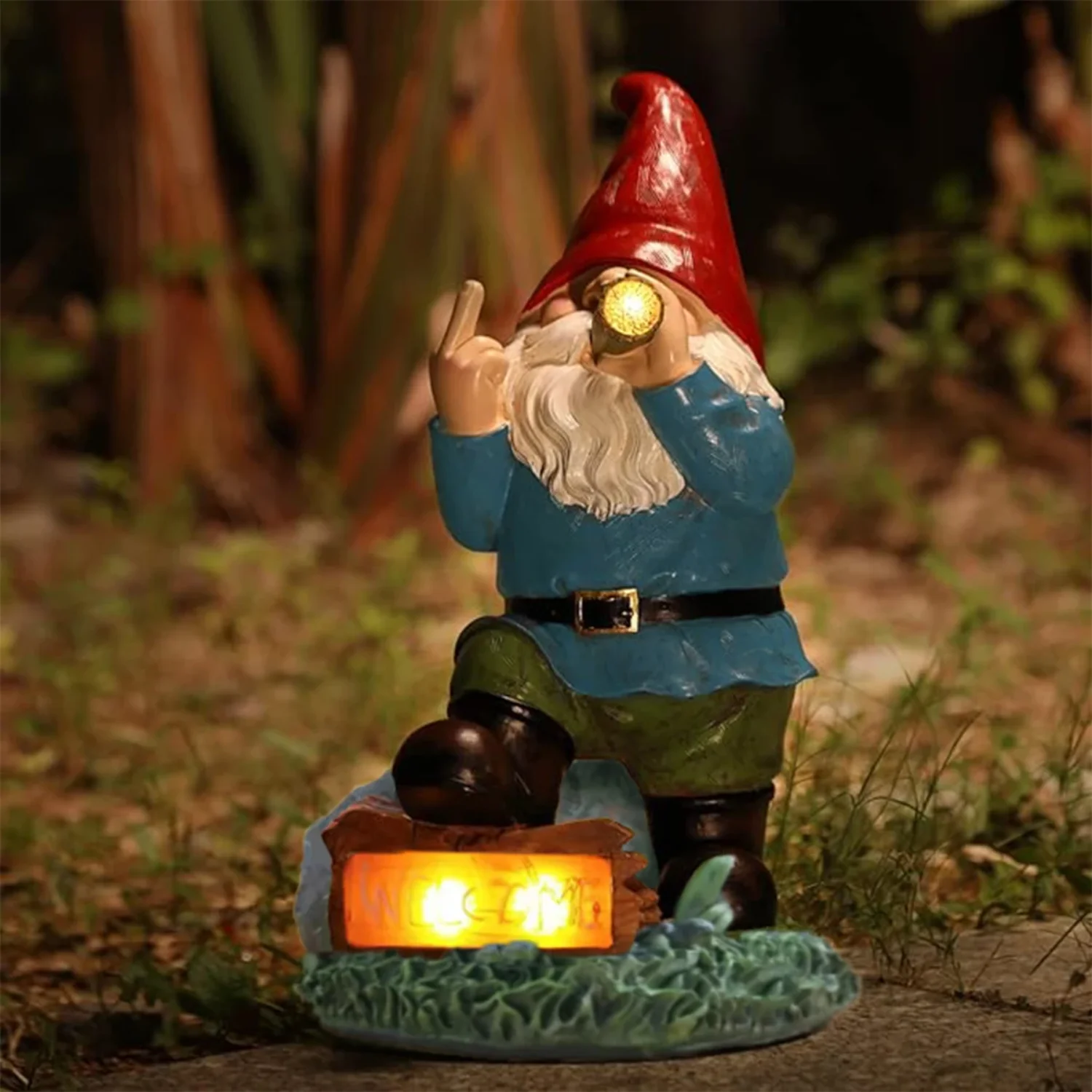 

Outdoor Garden Gnome Statue Welcome Sign Funny Smoking Gnome Solar Lights Decor