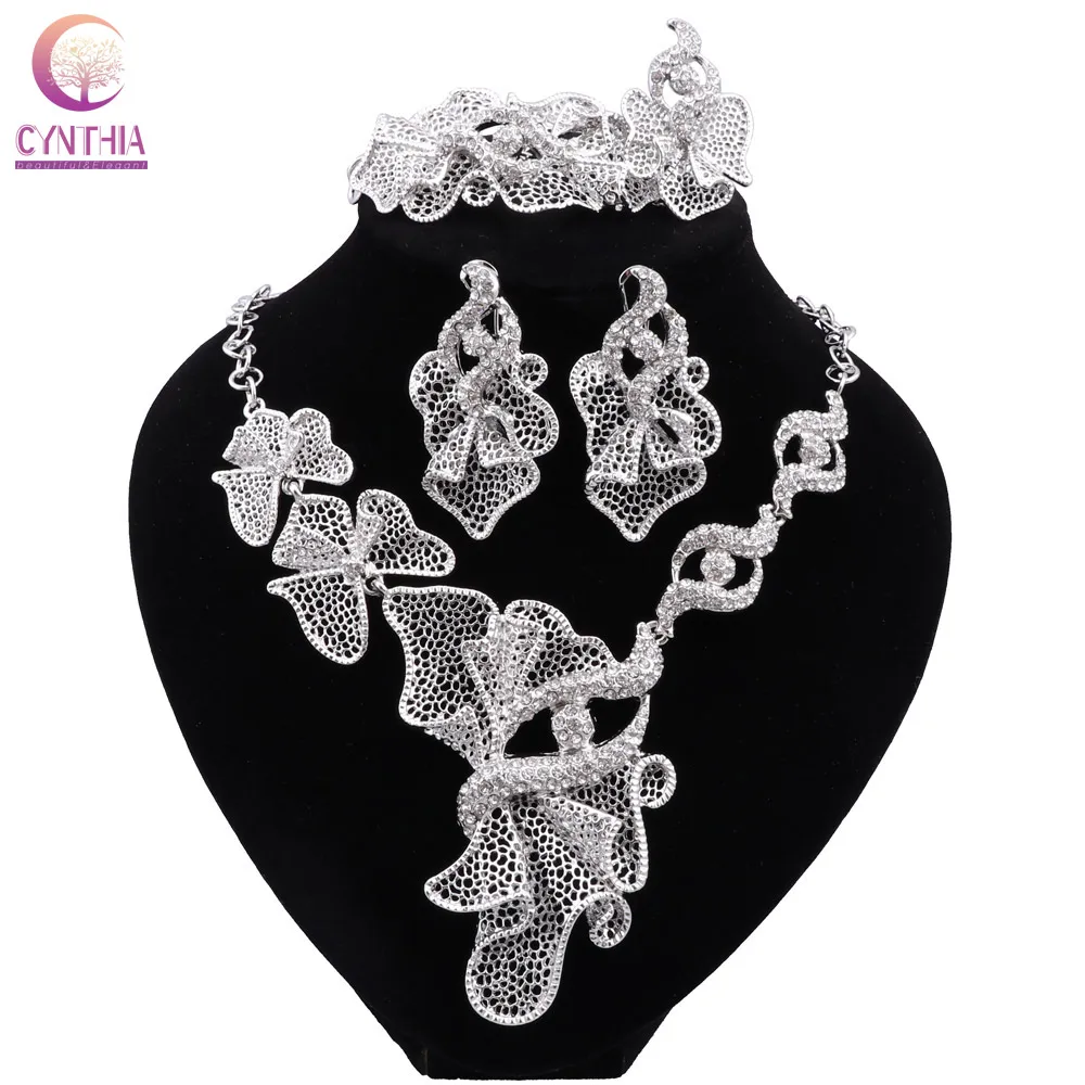 CYNTHIA Trendy Nigerian Dubai Silver Color Jewelry Set For Women Flower Shape Bridal Necklace Bracelet Earring Ring Wedding Sets