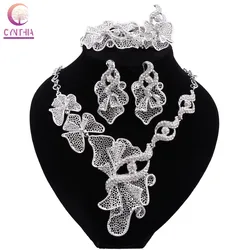 CYNTHIA Trendy Nigerian Dubai Silver Color Jewelry Set For Women Flower Shape Bridal Necklace Bracelet Earring Ring Wedding Sets